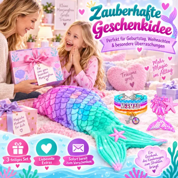 3-teiliges Meerjungfrauen-Set für Kinder – Kuscheldecke mit Armband & Haarspange