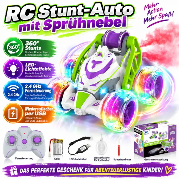 RC Stunt Auto mit LED, Sprühnebel & 360° Action – ferngesteuertes Spielzeugauto