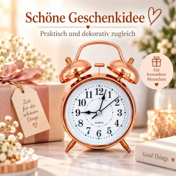 Retro Doppelglocken-Wecker in Rose-Gold – klassisches Design trifft modernen Wohnstil