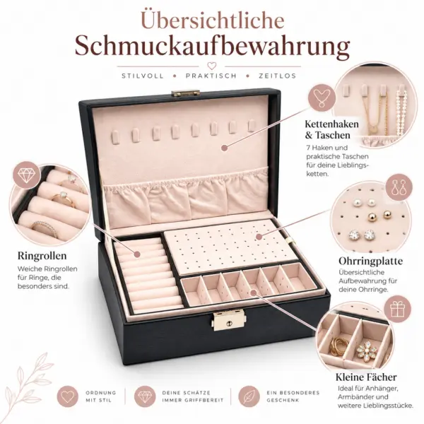 schmuckbox-2-ebenen-herausnehmbares-tray-aufteiler Schmuckbox Schwarz mit Schloss – elegante Schmuckaufbewahrung mit 2 Ebenen