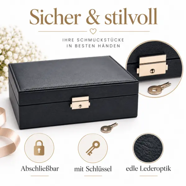 schmuckbox-edles-design-schmuckaufbewahrung Schmuckbox Schwarz mit Schloss – elegante Schmuckaufbewahrung mit 2 Ebenen