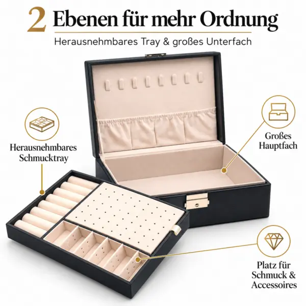 schmuckbox-ordnung-fuer-ringe-ohrringe-ketten Schmuckbox Schwarz mit Schloss – elegante Schmuckaufbewahrung mit 2 Ebenen