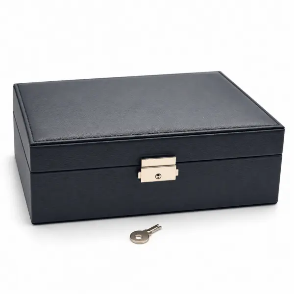 schmuckbox-schwarz-abschliessbar-mit-schluessel Schmuckbox Schwarz mit Schloss – elegante Schmuckaufbewahrung mit 2 Ebenen