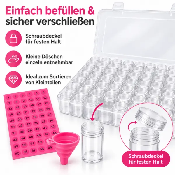 schraubdoeschen-organizer-mit-trichter-und-aufklebern Aufbewahrungsbox mit 60 Schraubdöschen, Trichter & Zahlenaufklebern 1–60