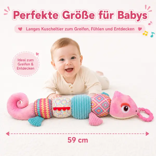 Baby Sensorik Spielzeug Chamäleon Rosa – Plüsch Greifspielzeug mit Beißring, Rassel, Knisterelementen & verschiedenen Stoffstrukturen – Motorikspielzeug für Babys