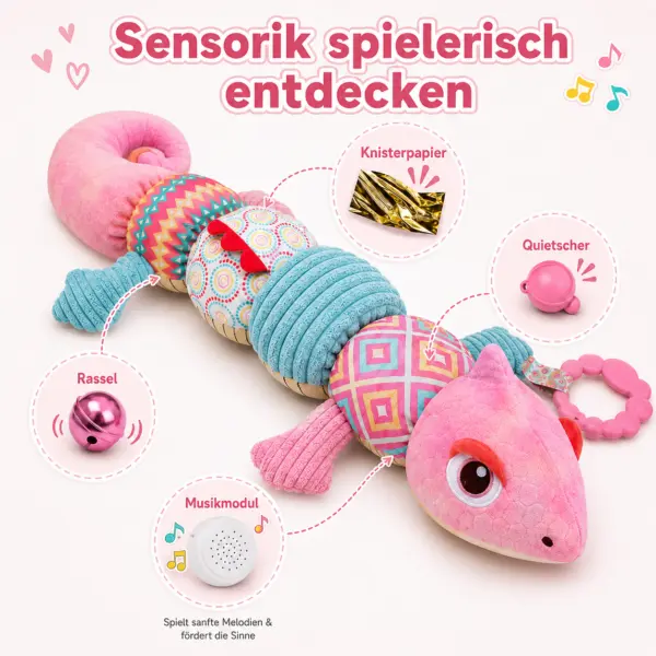 Baby Sensorik Spielzeug Chamäleon Rosa – Plüsch Greifspielzeug mit Beißring, Rassel, Knisterelementen & verschiedenen Stoffstrukturen – Motorikspielzeug für Babys