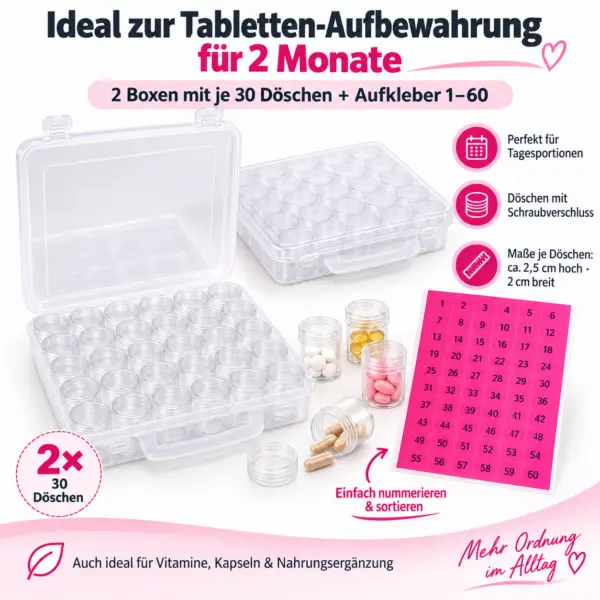 tabletten-aufbewahrung-2-monate-60-doeschen 2 Aufbewahrungsboxen mit 60 Schraubdosen & Nummernaufklebern 1–60