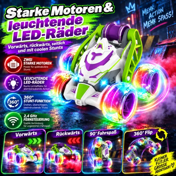 RC Stunt Auto mit LED, Sprühnebel & 360° Action – ferngesteuertes Spielzeugauto