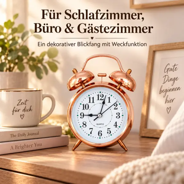 Retro Doppelglocken-Wecker in Rose-Gold – klassisches Design trifft modernen Wohnstil
