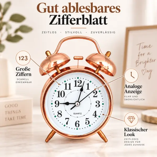 Retro Doppelglocken-Wecker in Rose-Gold – klassisches Design trifft modernen Wohnstil