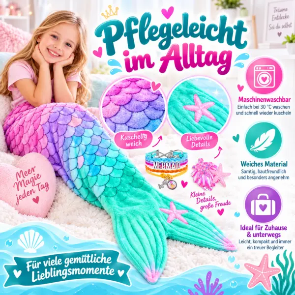 3-teiliges Meerjungfrauen-Set für Kinder – Kuscheldecke mit Armband & Haarspange