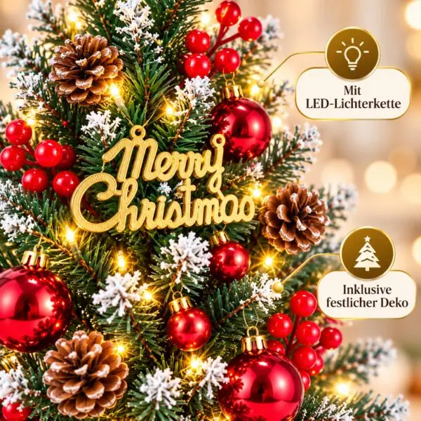 04-mini-weihnachtsbaum-lichterkette Mini Weihnachtsbaum 57 cm mit LED-Lichterkette & Deko-Set – beschneit, im Jutesack