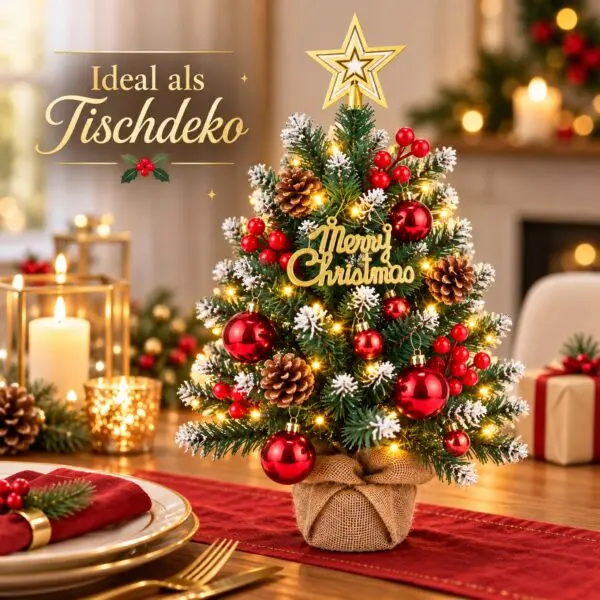 05-mini-weihnachtsbaum-tischdeko Mini Weihnachtsbaum 57 cm mit LED-Lichterkette & Deko-Set – beschneit, im Jutesack