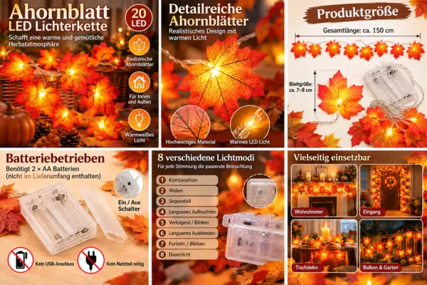 LED Ahornblatt Lichterkette mit 20 Lichtern – batteriebetriebene Herbstdeko mit warmweißem Licht