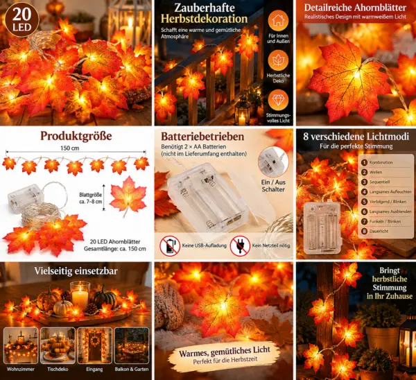 LED Ahornblatt Lichterkette mit 20 Lichtern – batteriebetriebene Herbstdeko mit warmweißem Licht
