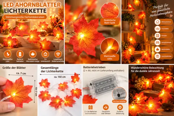 LED Ahornblatt Lichterkette mit 20 Lichtern – batteriebetriebene Herbstdeko mit warmweißem Licht