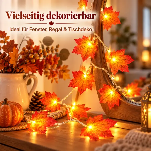 LED Ahornblatt Lichterkette mit 20 Lichtern – batteriebetriebene Herbstdeko mit warmweißem Licht