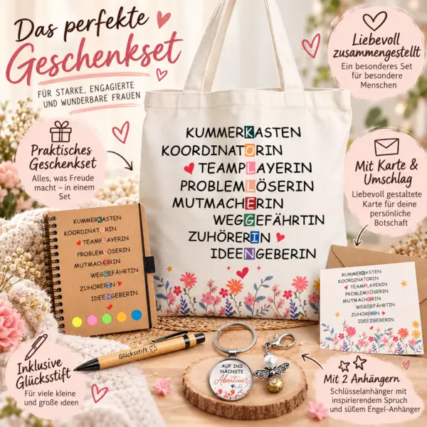 besonderes-geschenkset-fuer-frauen-mit-karte-und-umschlag Geschenkset für Frauen – Tasche, Notizbuch, Glücksstift, 2 Anhänger & Grußkarte