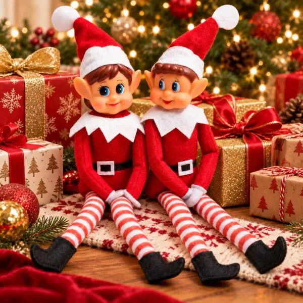 Weihnachtselfen sitzen zwischen Weihnachtsgeschenken unter dem Baum
