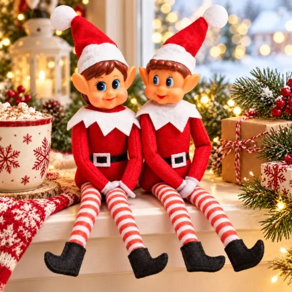 Weihnachtself Deko auf der Fensterbank mit Kakao und Winterlandschaft