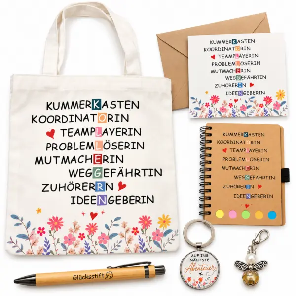 geschenkset-fuer-frauen-tasche-notizbuch-stift-anhaenger-hauptbild Geschenkset für Frauen – Tasche, Notizbuch, Glücksstift, 2 Anhänger & Grußkarte
