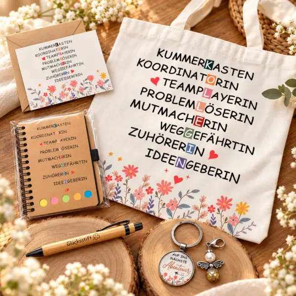 geschenkset-fuer-kollegin-freundin-teamplayerin Geschenkset für Frauen – Tasche, Notizbuch, Glücksstift, 2 Anhänger & Grußkarte