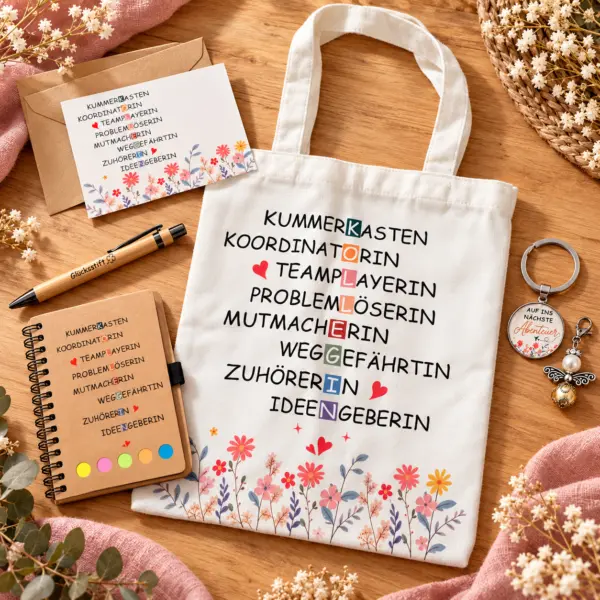 geschenkset-fuer-teamplayerin-tasche-notizbuch-geschenkidee Geschenkset für Frauen – Tasche, Notizbuch, Glücksstift, 2 Anhänger & Grußkarte