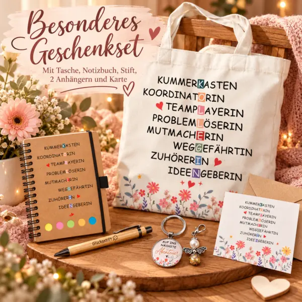geschenkset-tasche-notizbuch-stift-schluesselanhaenger-engel Geschenkset für Frauen – Tasche, Notizbuch, Glücksstift, 2 Anhänger & Grußkarte