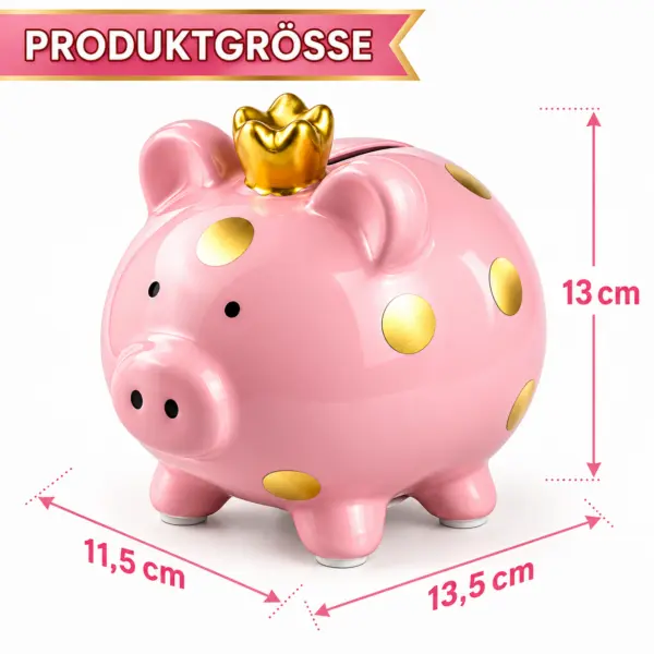 Sparschwein Kinder rosa mit goldener Krone und goldenen Punkten. Niedliche Spardose zum spielerischen Sparen – ideal als Geschenk für Kinder.