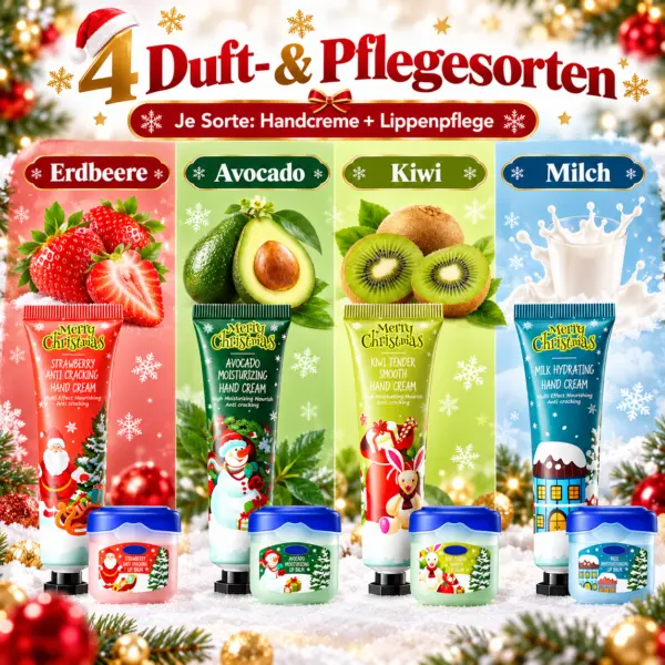 Weihnachtliches Handpflege Set mit 4 Handcremes und 4 Lippenpflegeprodukten in 4 Varianten. 8-teiliges Geschenkset für Weihnachten, Nikolaus & Wichteln.