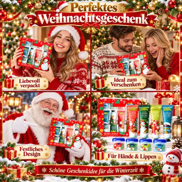 Weihnachtliches Handpflege Set 8-teilig – 4 Handcremes & 4 Lippenpflege im Geschenkset