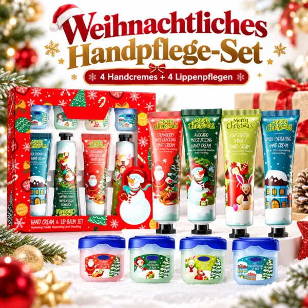 Weihnachtliches Handpflege Set mit 4 Handcremes und 4 Lippenpflegeprodukten in 4 Varianten. 8-teiliges Geschenkset für Weihnachten, Nikolaus & Wichteln.