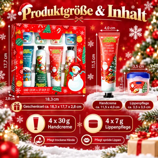 Weihnachtliches Handpflege Set 8-teilig – 4 Handcremes & 4 Lippenpflege im Geschenkset