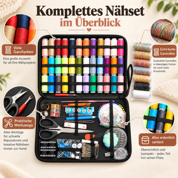 Großes Nähset im Reißverschlussetui mit Garn, Schere, Nadeln, Knöpfen & Nähzubehör – Nähzeug für Zuhause & Reisen