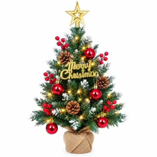 Mini Weihnachtsbaum mit LED und Deko-Set Mini Weihnachtsbaum 57 cm mit LED-Lichterkette und Deko-Set im Jutesack