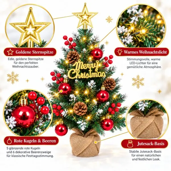 Mini Weihnachtsbaum Details Details kleiner künstlicher Weihnachtsbaum: goldener Stern, warmes LED-Licht, rote Kugeln, Jutesack