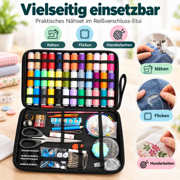 Großes Nähset im Reißverschlussetui mit Garn, Schere, Nadeln, Knöpfen & Nähzubehör – Nähzeug für Zuhause & Reisen