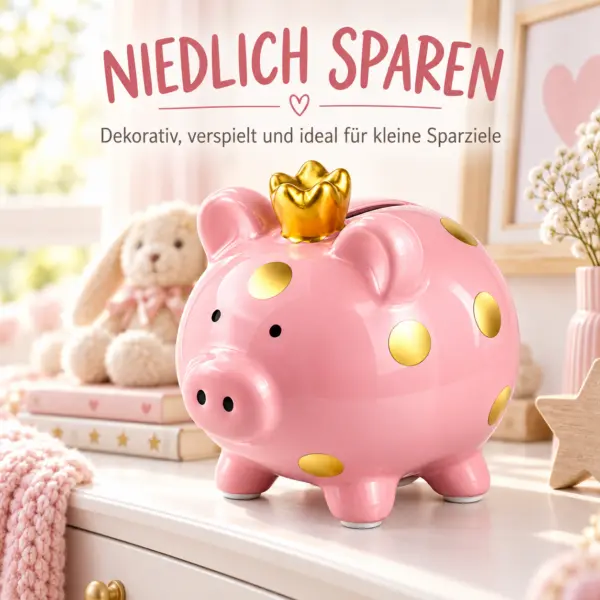 Sparschwein Kinder rosa mit goldener Krone und goldenen Punkten. Niedliche Spardose zum spielerischen Sparen – ideal als Geschenk für Kinder.