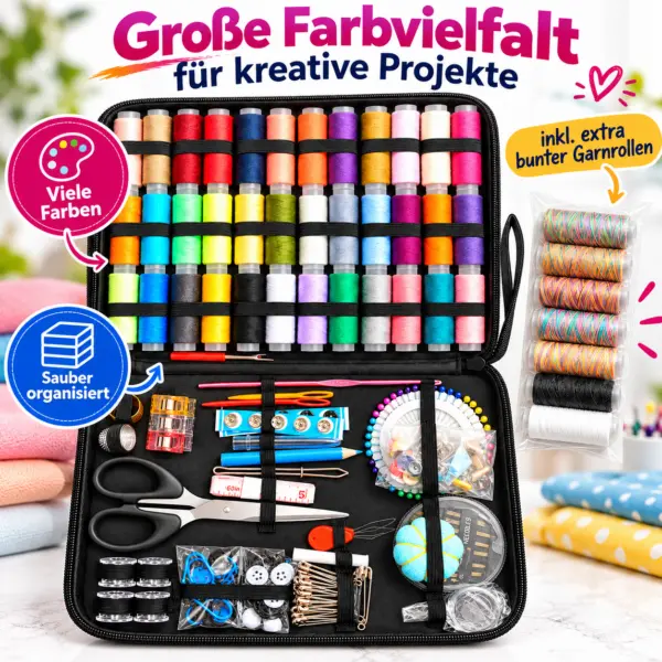 Großes Nähset im Reißverschlussetui mit Garn, Schere, Nadeln, Knöpfen & Nähzubehör – Nähzeug für Zuhause & Reisen