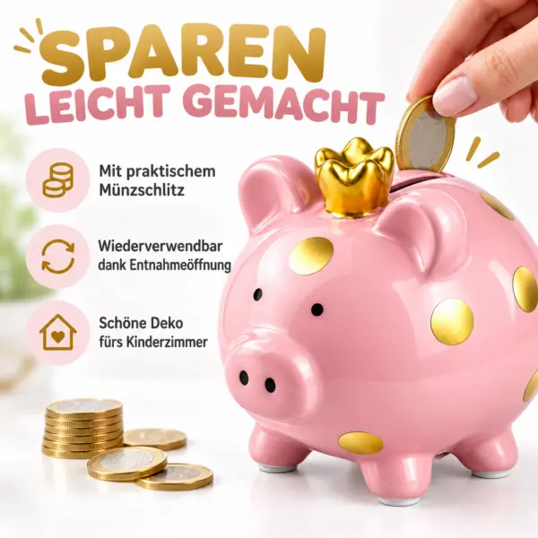 Sparschwein Kinder rosa mit goldener Krone und goldenen Punkten. Niedliche Spardose zum spielerischen Sparen – ideal als Geschenk für Kinder.