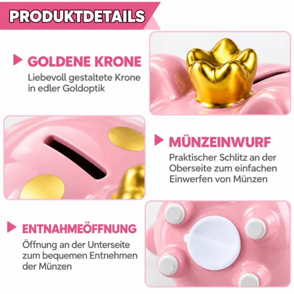 Sparschwein Kinder rosa mit goldener Krone und goldenen Punkten