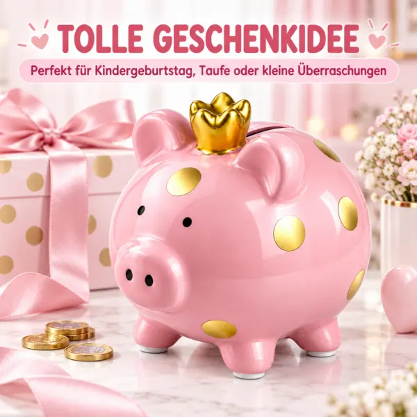 Sparschwein Kinder rosa mit goldener Krone und goldenen Punkten. Niedliche Spardose zum spielerischen Sparen – ideal als Geschenk für Kinder.