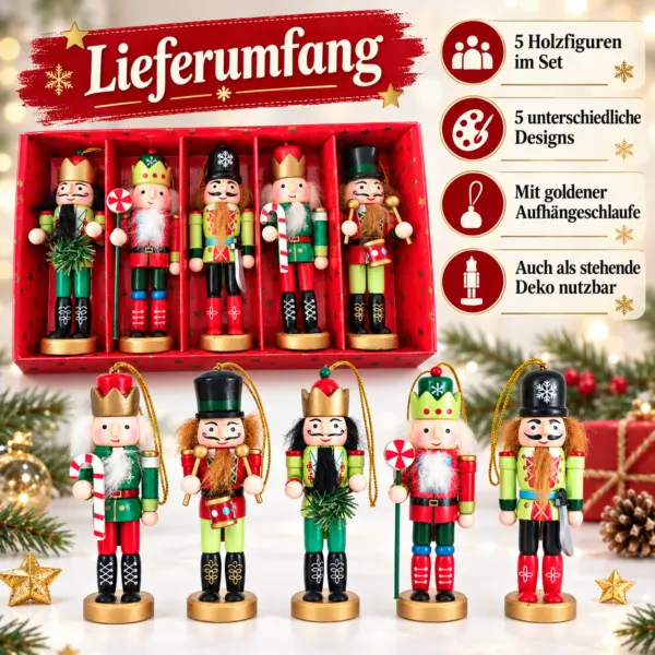 Weihnachts Holzfiguren 5er Set – festliche Nussknacker-Deko zum Aufstellen & Aufhängen
