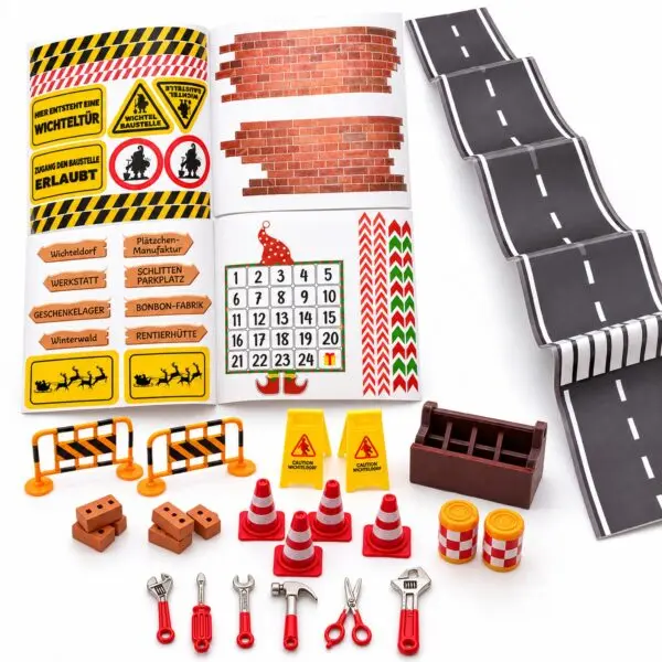 Wichtelbaustelle Zubehör-Set mit Stickern, Straßenaufkleber, Absperrgittern und Mini-Werkzeug