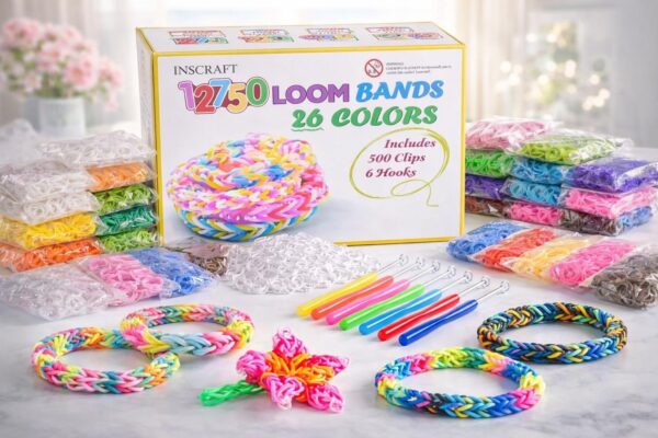 07cfde38e7e1d3584067dbba616dcd37-1.jpg Loom Bands Set 12750-teilig, 26 Farben, inklusive 500 Clips & 6 Häkelnadeln – Kreativset für Armbänder, Ringe und DIY Schmuck