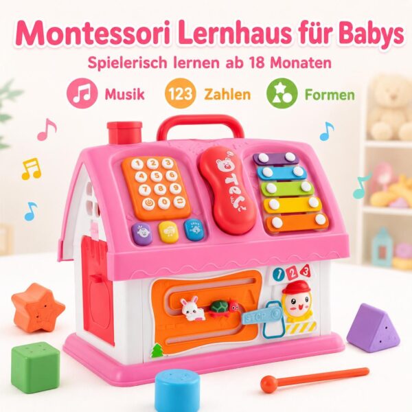 0be30ca2fbfe57249140d6c660d56096.jpg Montessori Haus Spielzeug ab 18 Monaten – Lernspielzeug mit Musik, Formen, Telefon, Xylophon, Steckspiel & Motorik-Spielhaus für Kleinkinder, Rosa