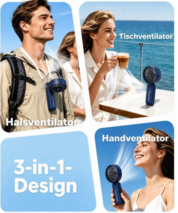 100ef14b5a583c7ae95a6a549a6863ec.jpg Linawee 3-in-1 Handventilator USB wiederaufladbar, 5 Stufen, 1800 mAh, leise, faltbar, mit LED-Display, Trageband, Blau