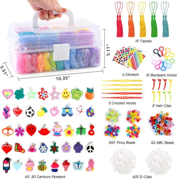 1e7f70a7659855e0a7ebbe978fabeb2f.jpg Loom Bänder Set 17.500 Stück – 28 Farbsets, 40 Anhänger, Perlen, S-Clips, Häkelnadeln – Große Aufbewahrungsbox – DIY Armbänder & Kreativset für Kinder