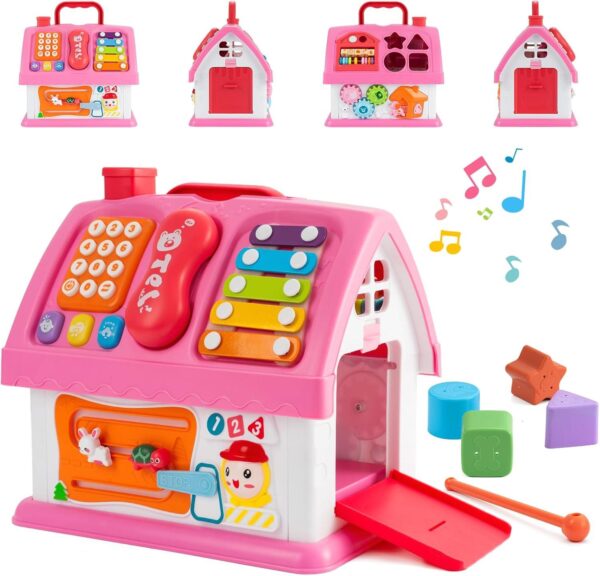 2068e1357ecd6a4d4fb5c00cd040665c.jpg Montessori Haus Spielzeug ab 18 Monaten – Lernspielzeug mit Musik, Formen, Telefon, Xylophon, Steckspiel & Motorik-Spielhaus für Kleinkinder, Rosa