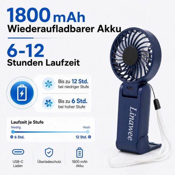 20fec906b4373be21af346de14549ba9.jpg Linawee 3-in-1 Handventilator USB wiederaufladbar, 5 Stufen, 1800 mAh, leise, faltbar, mit LED-Display, Trageband, Blau